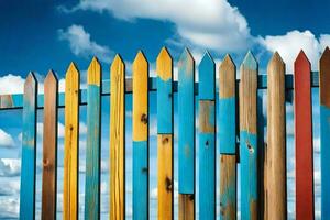 une coloré clôture avec bleu ciel et des nuages. généré par ai photo