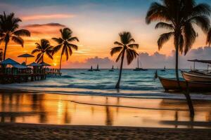 une le coucher du soleil sur le plage avec paume des arbres et bateaux. généré par ai photo