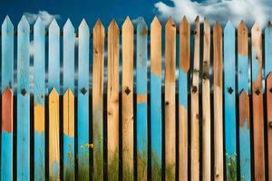 une en bois clôture avec une bleu ciel et des nuages. généré par ai photo