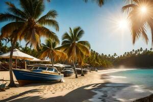 une plage avec paume des arbres et bateaux sur le sable. généré par ai photo