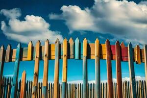 coloré en bois clôture avec bleu ciel et des nuages. généré par ai photo