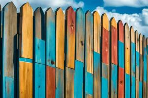 une coloré en bois clôture avec bleu ciel dans le Contexte. généré par ai photo