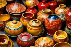 une grand collection de coloré poterie vases. généré par ai photo