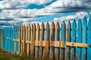 coloré en bois clôture avec bleu ciel et des nuages. généré par ai photo