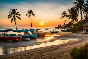 bateaux sont amarré sur le plage à le coucher du soleil. généré par ai photo