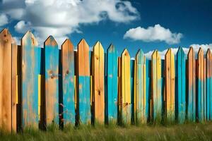 une coloré en bois clôture avec bleu ciel et des nuages. généré par ai photo