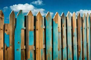 une en bois clôture avec bleu peindre sur il. généré par ai photo