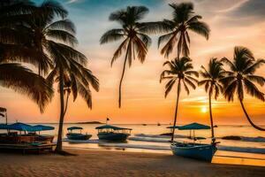 une magnifique le coucher du soleil sur le plage avec bateaux et paume des arbres. généré par ai photo