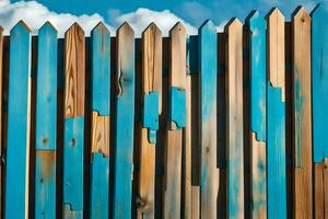 une en bois clôture avec bleu peindre sur il. généré par ai photo