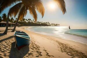 une bateau sur le plage à le coucher du soleil. généré par ai photo