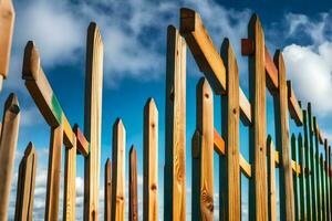 une clôture avec beaucoup en bois poteaux. généré par ai photo