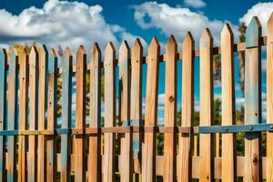 une en bois clôture avec bleu ciel et des nuages. généré par ai photo