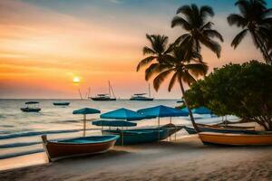bateaux sur le plage à le coucher du soleil avec paume des arbres. généré par ai photo