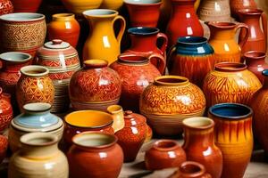 beaucoup différent coloré poterie des vases sont affiché. généré par ai photo