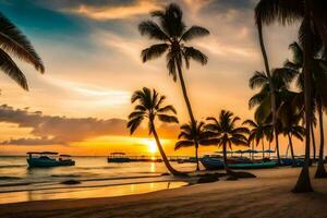 paume des arbres sur le plage à le coucher du soleil. généré par ai photo