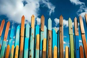 coloré en bois clôture contre une bleu ciel. généré par ai photo