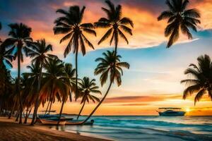 paume des arbres sur le plage à le coucher du soleil. généré par ai photo