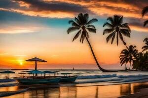 une bateau est assis sur le plage à le coucher du soleil. généré par ai photo