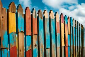 une en bois clôture avec coloré peint piquets. généré par ai photo