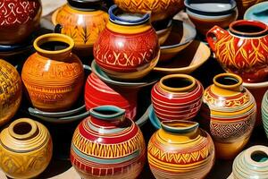 beaucoup coloré poterie des vases sont affiché sur une tableau. généré par ai photo