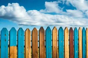 une en bois clôture avec bleu ciel et des nuages dans le Contexte. généré par ai photo