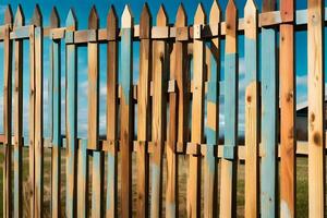 une en bois clôture avec une bleu ciel dans le Contexte. généré par ai photo