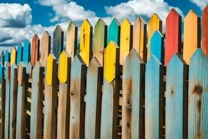 une coloré en bois clôture avec beaucoup différent coloré piquets. généré par ai photo