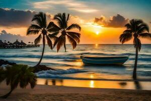 une bateau est assis sur le plage à le coucher du soleil avec paume des arbres. généré par ai photo