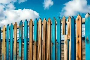 une en bois clôture avec bleu et vert peindre. généré par ai photo