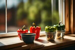rouge, vert, et Jaune poivrons dans des pots sur une fenêtre seuil. généré par ai photo