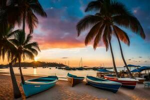 bateaux sur le plage à le coucher du soleil. généré par ai photo