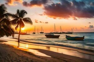 une magnifique le coucher du soleil sur le plage avec bateaux et paume des arbres. généré par ai photo