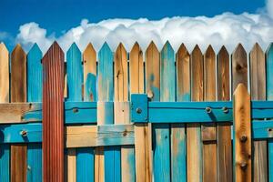 une en bois clôture avec bleu et rouge peindre. généré par ai photo