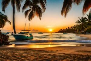 une bateau est assis sur le plage à le coucher du soleil. généré par ai photo