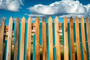 une en bois clôture avec bleu et blanc rayures. généré par ai photo