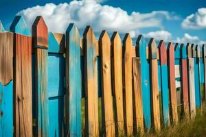 une coloré en bois clôture avec bleu ciel et des nuages. généré par ai photo