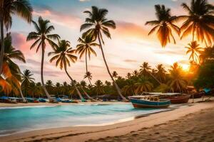 une magnifique plage avec paume des arbres et bateaux à le coucher du soleil. généré par ai photo