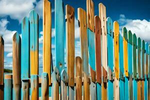 une coloré clôture avec en bois poteaux. généré par ai photo