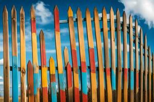 une clôture fabriqué de coloré en bois des bâtons. généré par ai photo