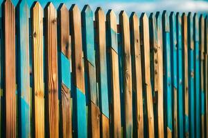 une en bois clôture avec coloré rayures. généré par ai photo