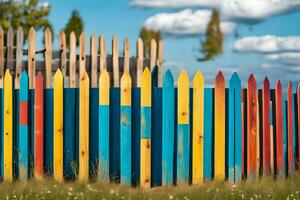 coloré en bois clôture avec une bleu ciel dans le Contexte. généré par ai photo