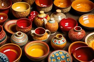 beaucoup différent coloré poterie boules et vases. généré par ai photo