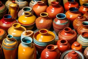 beaucoup coloré des vases sont arrangé ensemble. généré par ai photo