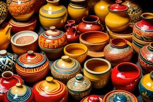 beaucoup coloré poterie des vases sont arrangé ensemble. généré par ai photo
