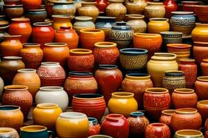 beaucoup coloré des pots et des vases sont affiché sur une étagère. généré par ai photo