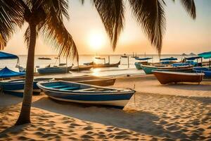 bateaux sont amarré sur le plage à le coucher du soleil. généré par ai photo