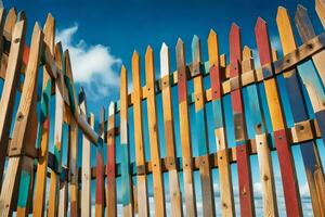 une en bois clôture avec beaucoup différent coloré pièces. généré par ai photo