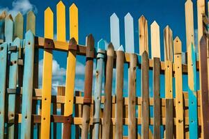 une clôture fabriqué de en bois poteaux avec différent couleurs. généré par ai photo