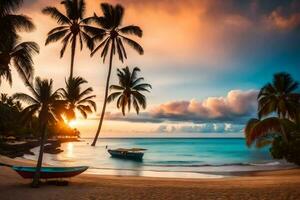 une bateau est assis sur le plage à le coucher du soleil. généré par ai photo