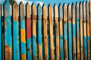 une en bois clôture avec coloré peindre sur il. généré par ai photo